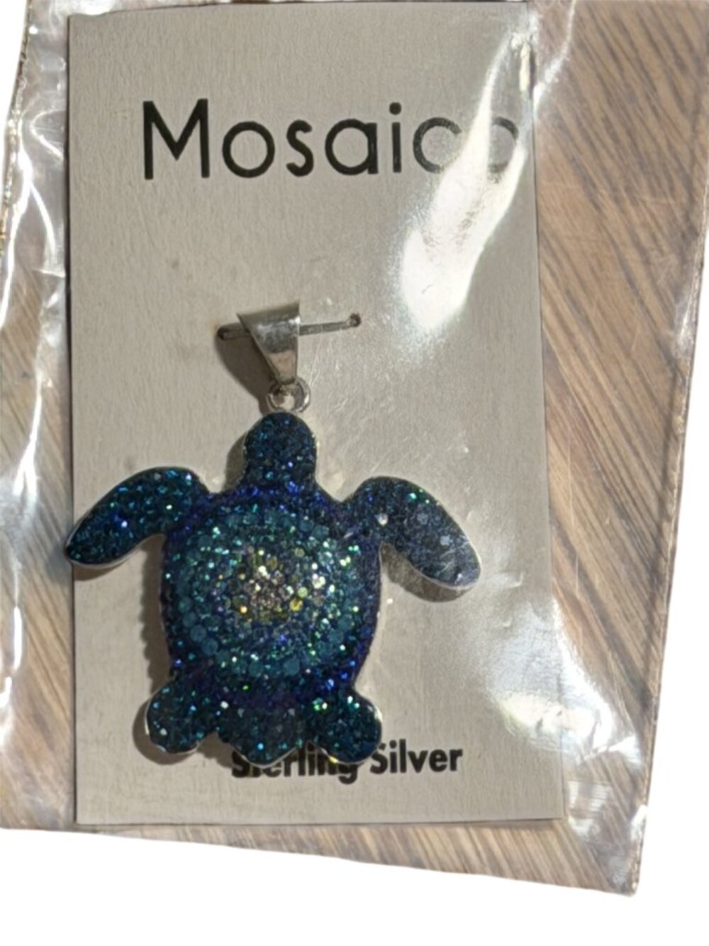 Mosaic Size OSFM Blue Glitter Sea Turtle Sterling Silver Pendant